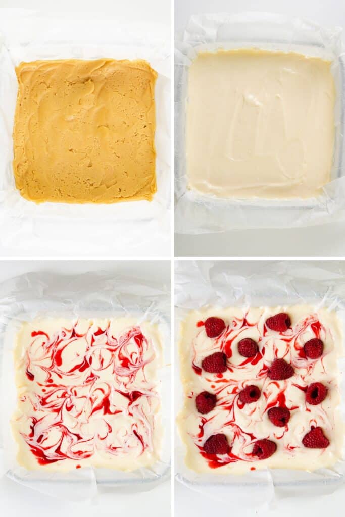 Four-step collage of Raspberry Cheesecake Blondies: starts with a cookie-like base, then a creamy layer, swirled red sauce, and finally topped with raspberries and more sauce before baking in a square pan.