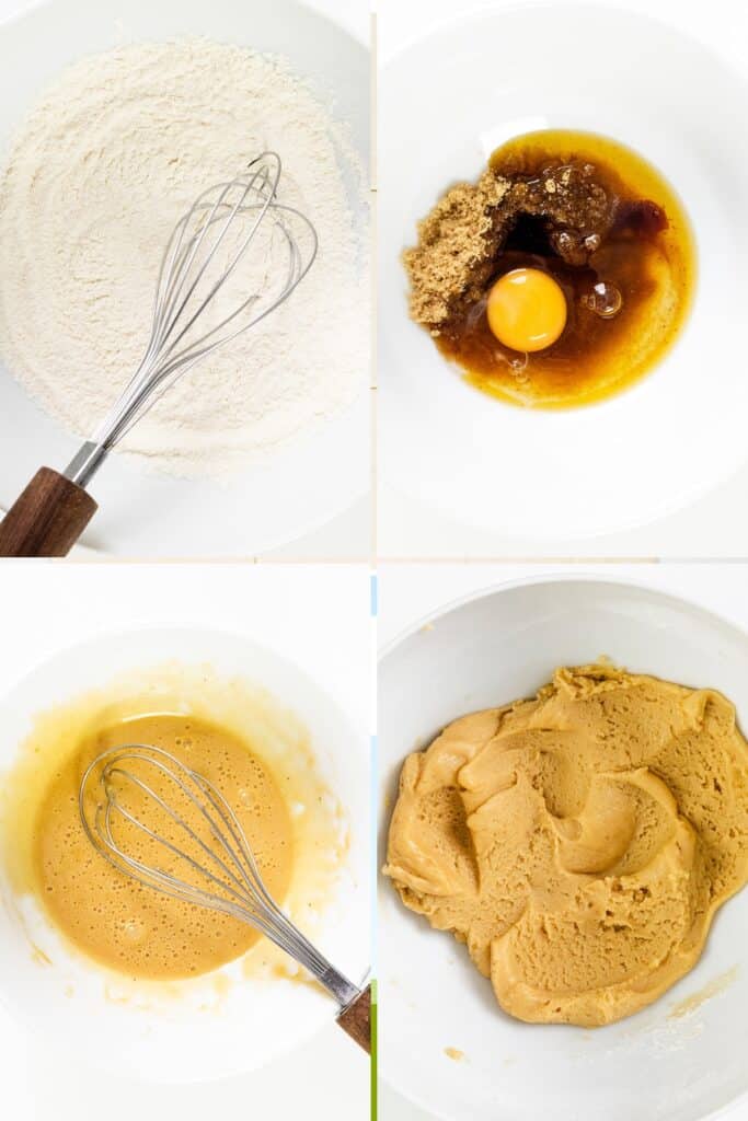Four images show steps of Raspberry Blondies dough preparation: whisked dry ingredients, wet ingredients with an egg and sugars, wet mixture whisked together, and smooth blondie dough mixed in a bowl.