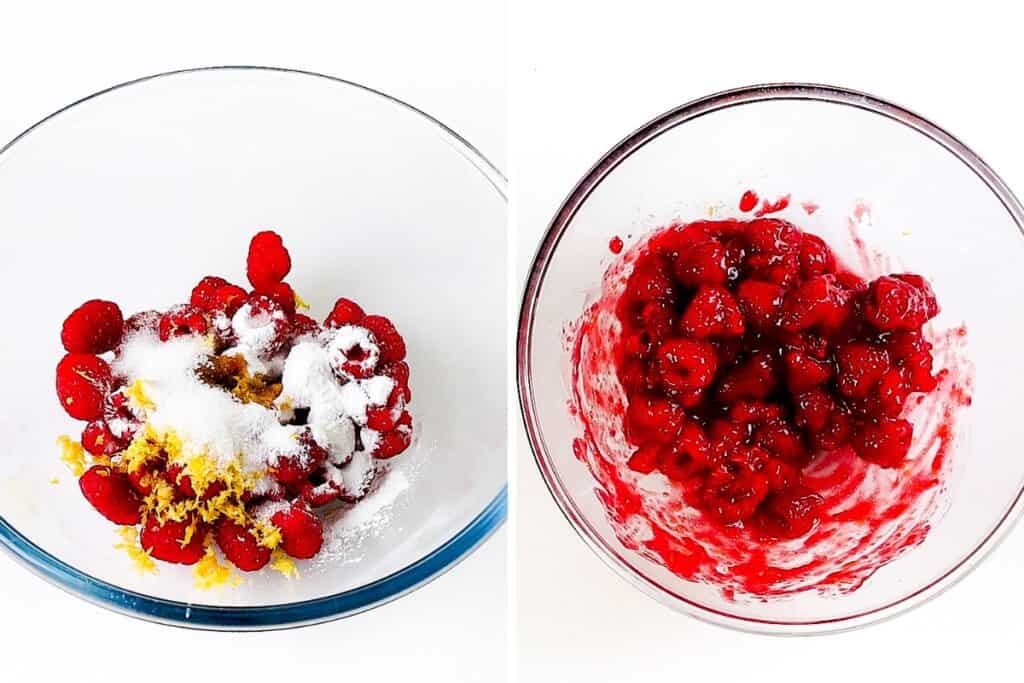 on the left, rustic summer raspberries with sugar, lemon zest, and spices in a glass bowl; on the right, the mixture after stirring, forming a juicy galette-ready raspberry filling.