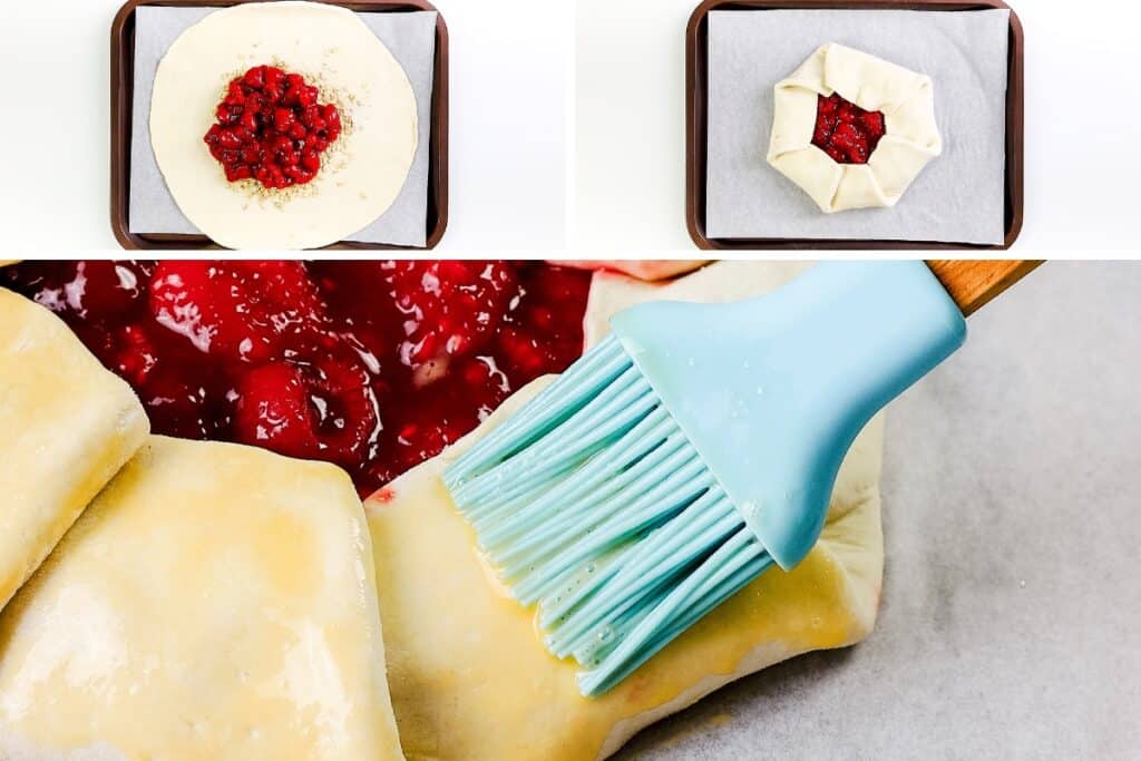 top left shows pastry dough with Summer Raspberry filling, top right shows dough folded galette-style, and bottom shows a pastry brush glazing the rustic folded pastry with egg wash.