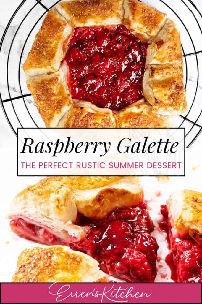 A rustic raspberry galette with a golden, flaky crust and juicy raspberry filling, shown whole on a cooling rack with a slice cut out to reveal the vibrant interior. Text reads: “Raspberry Galette – The Perfect Rustic Summer Dessert.”.