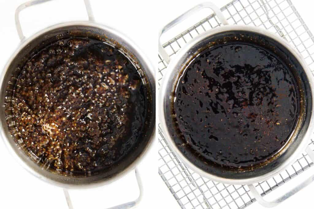  the left shows a bubbling dark liquid, while the right reveals it smooth and glossy after cooking—a rich sauce or syrup, perfect for Sticky Asian BBQ Chicken Thighs.