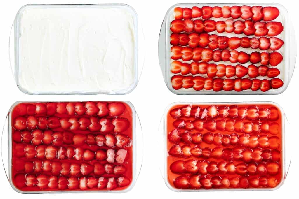 Four stages of making a homemade strawberry dessert: plain cream layer, cream layer topped with sliced strawberries, strawberries covered with jelly, and the finished Strawberry Pretzel Salad with set jelly on top.