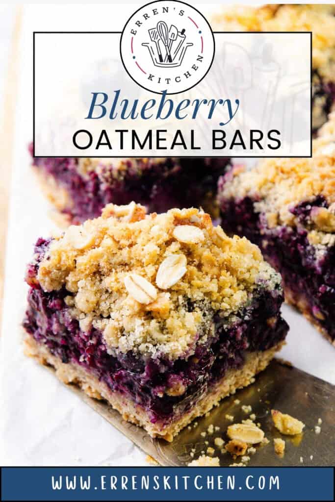 A close-up of homemade Blueberry Oatmeal Bars with a crumbly oat topping, displayed on a white surface. The bars feature vibrant blueberry filling and oatmeal flakes. A banner reads “Blueberry Oatmeal Bars.”.