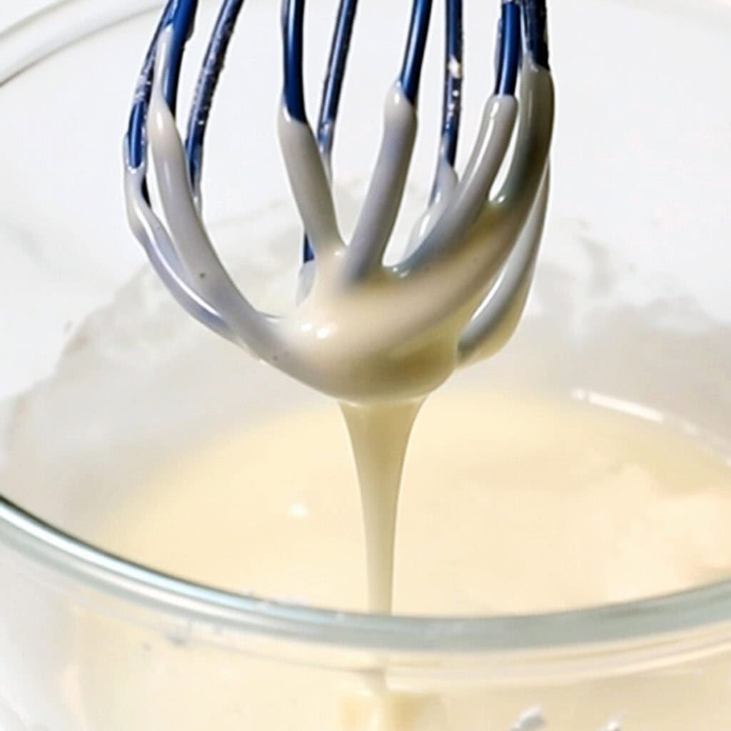 A whisk covered in smooth, creamy Glaze is held above a glass bowl, with the luscious batter dripping back into the bowl.