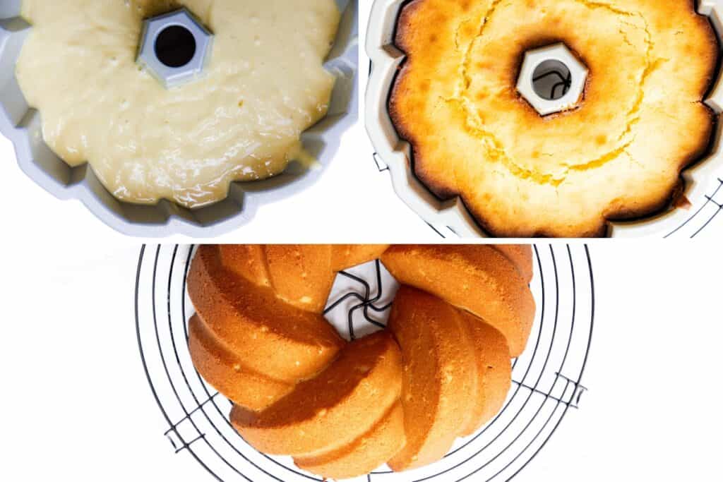 Three stages of making a Glazed Lemon Bundt Cake: raw batter in a pan (top left), baked cake still in the pan (top right), and the finished golden bundt cake cooling on a wire rack (bottom).