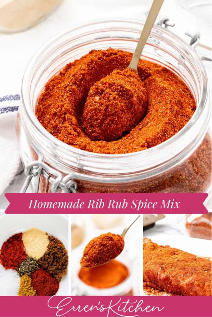A jar of red rib rub spice mix with a spoon inside, surrounded by photos of the mix's spices, a spoonful of rib seasoning, and seasoned meat. Text reads “Homemade Rib Rub Spice Mix” and “Erren’s Kitchen.”.