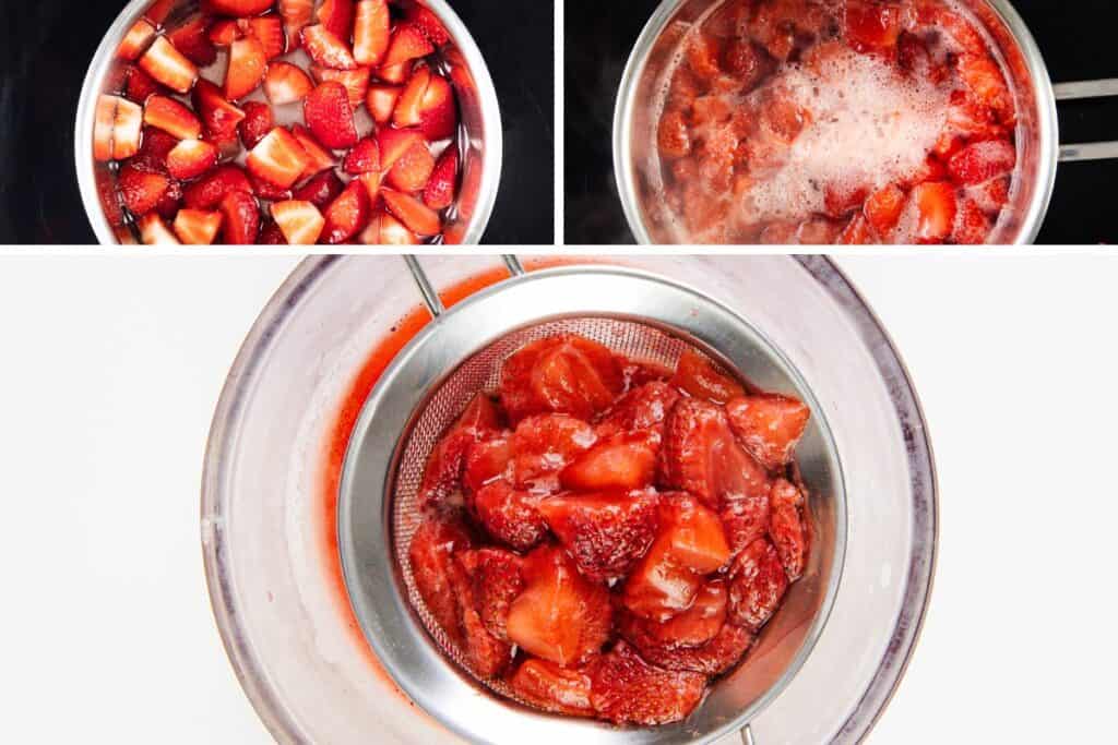 Three images show strawberries being cooked and strained for a strawberry pretzel salad: chopped strawberries in a pot, bubbling and simmering fruit, and cooked strawberries in a strainer with red syrup draining below.