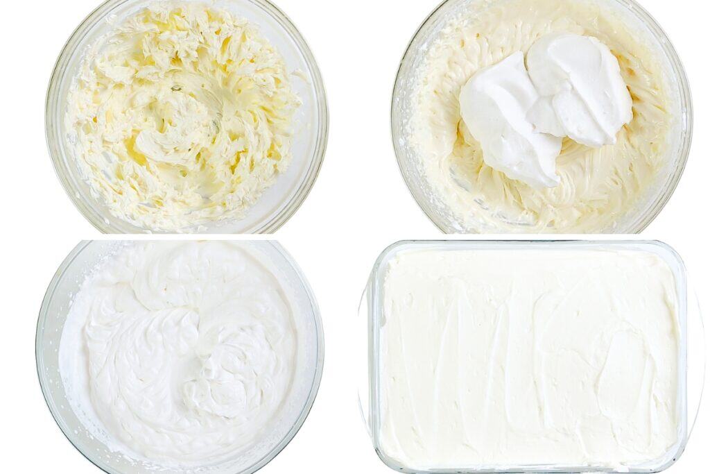 Four stages of making whipped cream for strawberry pretzel salad in clear bowls: softened cream cheese, whipped cream on top, combined and whipped mixture, and smooth, spread cream cheese filling in a rectangular dish.