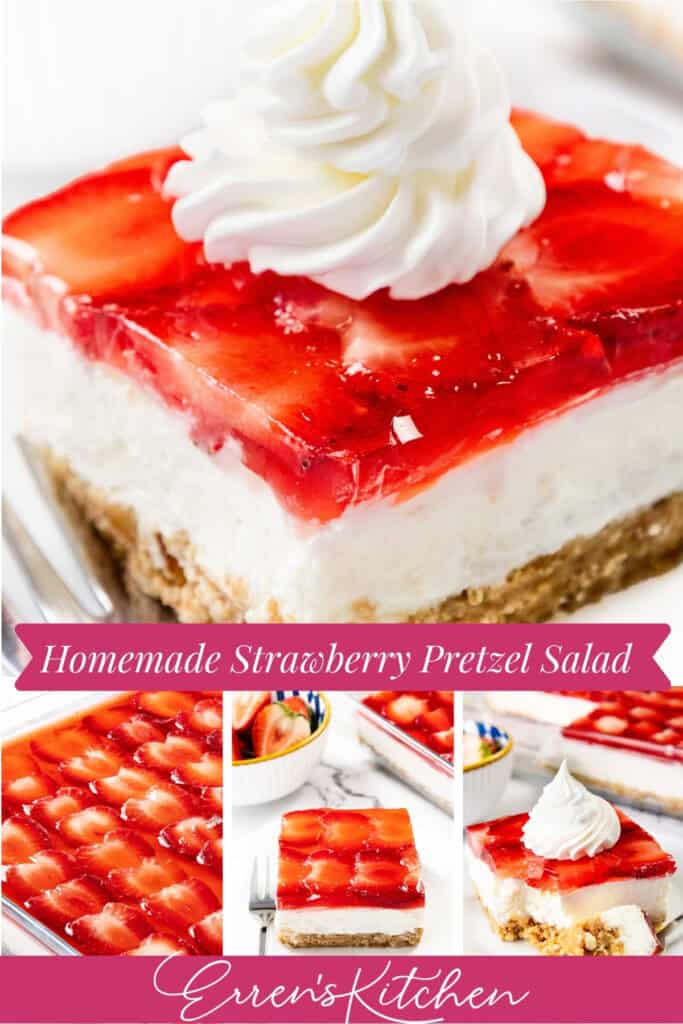 A slice of homemade strawberry pretzel salad topped with whipped cream, featuring layers of strawberry, creamy filling, and salty-sweet pretzel crust. Additional images show whole and sliced strawberry pretzel salad desserts.