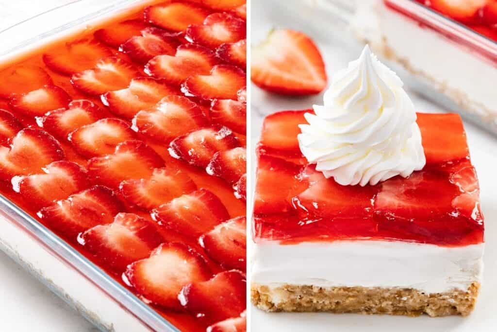 A dessert with layers of sliced strawberries in red gelatin on creamy filling and a crumbly crust, shown in a baking dish and as a strawberry pretzel salad bar topped with whipped cream, with a strawberry half beside it.