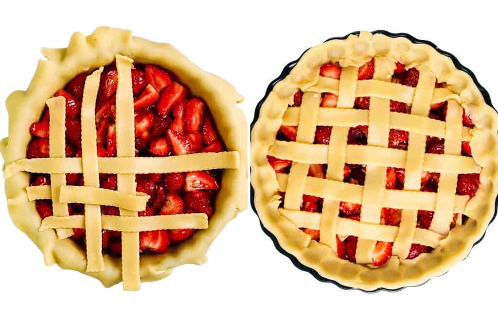 Two unbaked strawberry pies with buttery, flaky crusts; the left pie has fewer dough strips, while the right showcases an intricate lattice. Both Strawberry Pies are filled with sliced strawberries.