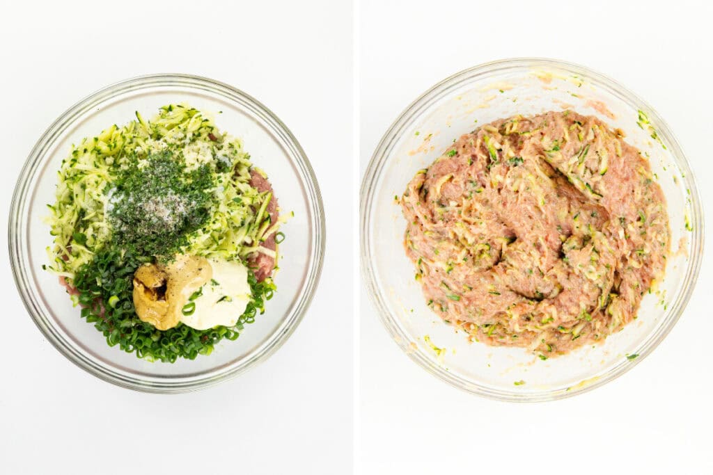Two glass bowls side by side; the left has shredded zucchini, ground turkey for moist turkey burgers, herbs, Dijon mustard, and more. The right shows the ingredients mixed together for a flavorful turkey burger recipe.