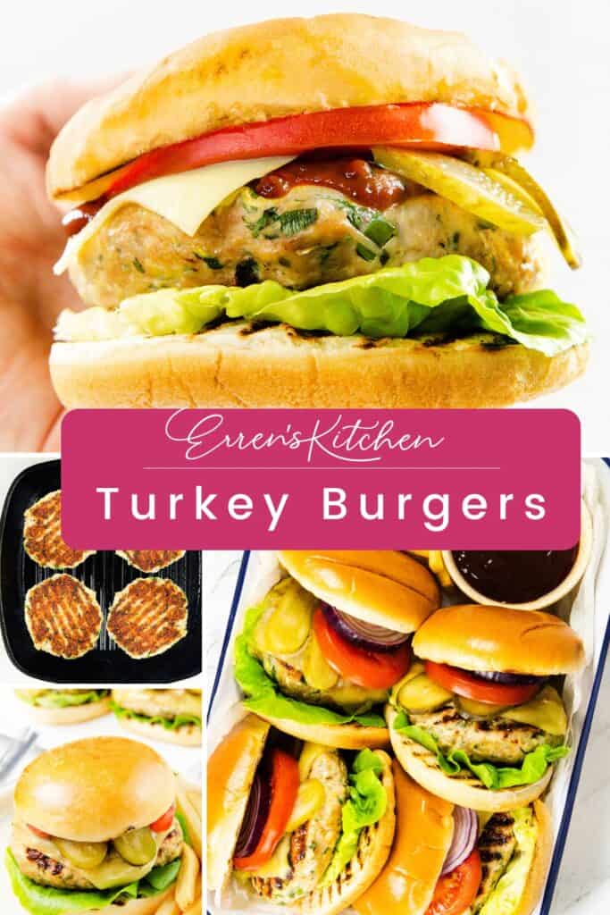 A collage featuring turkey burgers: a close-up of a hand holding a turkey burger with lettuce, tomato, cheese, and pickles; burgers grilling; and a tray filled with assembled turkey burgers. Text reads "Erren's Kitchen Turkey Burgers.