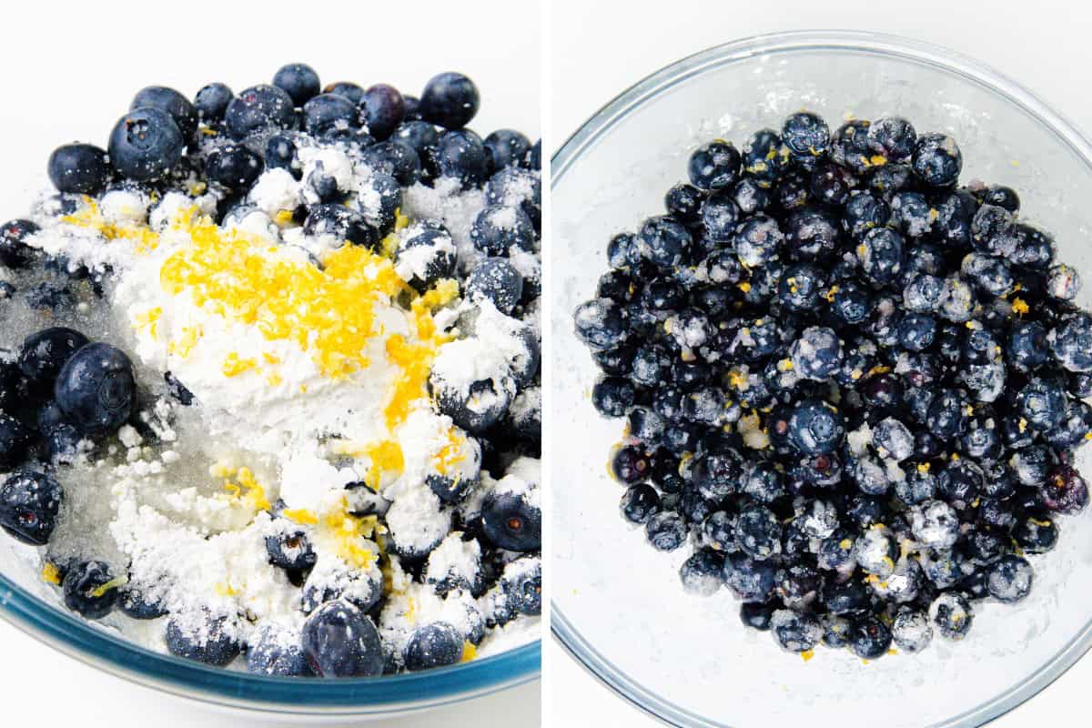 Two photos side by side show the first step of making Blueberry Bars: a glass bowl with fresh blueberries, sugar, lemon zest, and flour before and after mixing. On the right, the blueberries are evenly coated and ready for your Oatmeal Bars recipe.