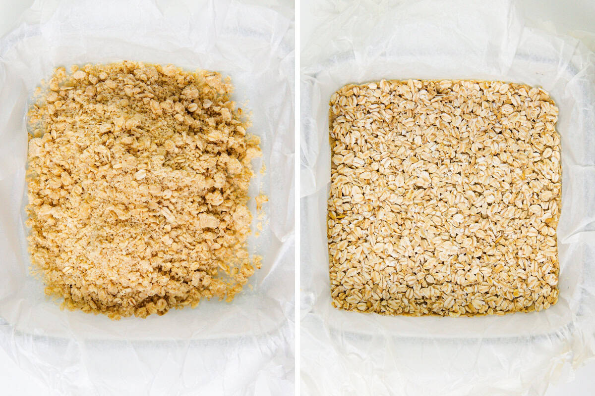 Side-by-side photo of a square baking dish lined with parchment: on the left, a crumbly oat mixture for Blueberry Oatmeal Bars; on the right, the same mixture pressed evenly and topped with rolled oats.