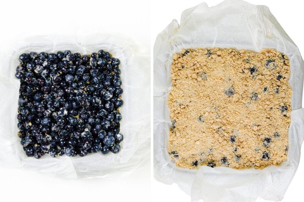 Side-by-side images of a square baking dish lined with parchment paper: the left shows it filled with fresh blueberries, and the right shows it topped with crumbly dough, ready to bake delicious Blueberry Oatmeal Bars.
