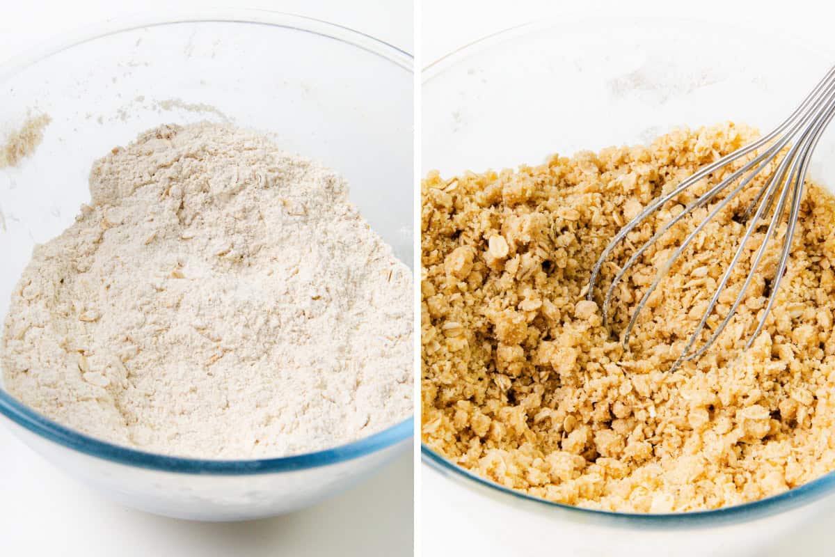 Side-by-side images show the first steps in making Blueberry Oatmeal Bars: on the left, a glass bowl with flour mixture; on the right, a crumbly mixture being stirred with a whisk.