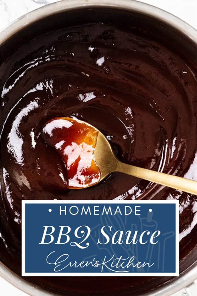 A gold spoon scoops rich, dark BBQ sauce from a pot. Text overlay reads: "Homemade BBQ Sauce, Erren's Kitchen.