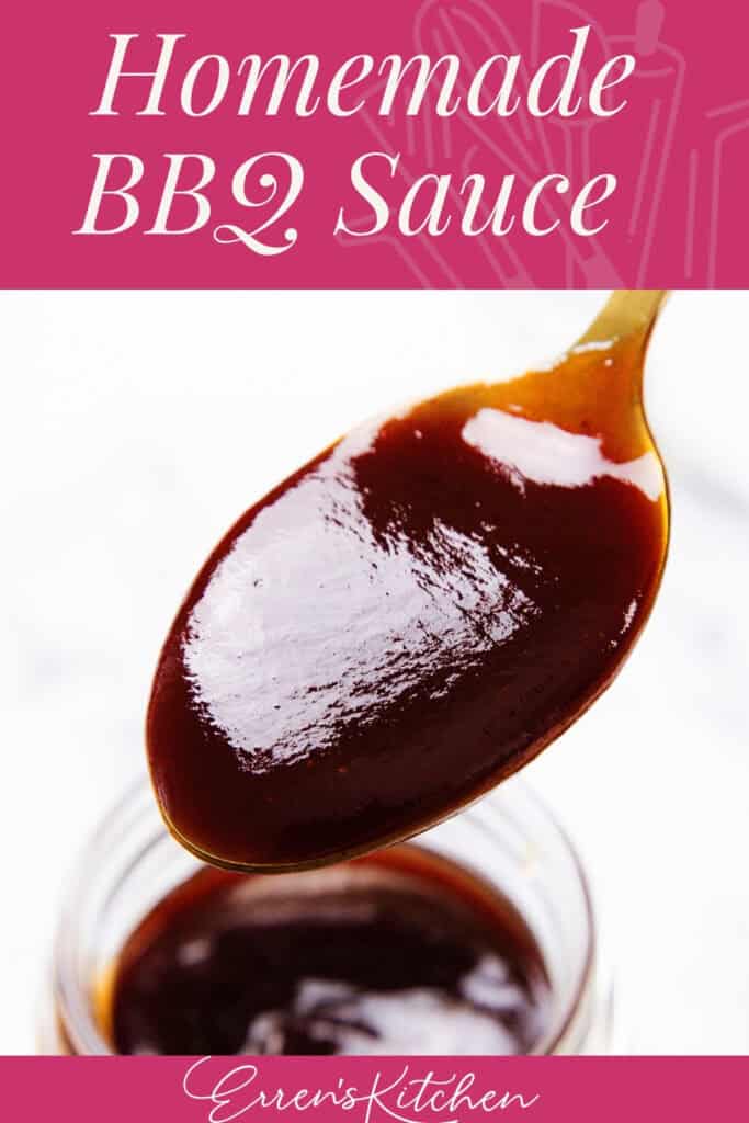 A spoonful of glossy, dark BBQ sauce held over an open jar, with text reading "Homemade BBQ Sauce" and "Erren's Kitchen" on a pink background.