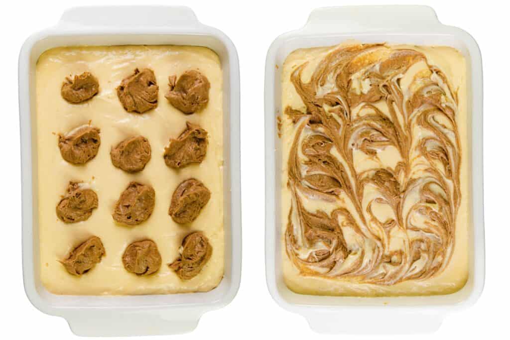  the left has dollops of brown mixture on pale batter, while the right shows an Easy Dessert—Cinnamon Roll Cake—with the brown mixture artfully swirled into a marbled pattern.