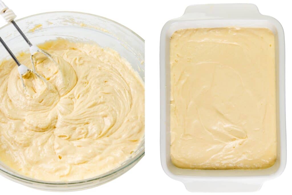 A glass bowl with creamy Cinnamon Bun Cake batter being mixed by an electric hand mixer is on the left; on the right, the smooth batter is spread evenly in a rectangular white baking dish, ready to be baked.