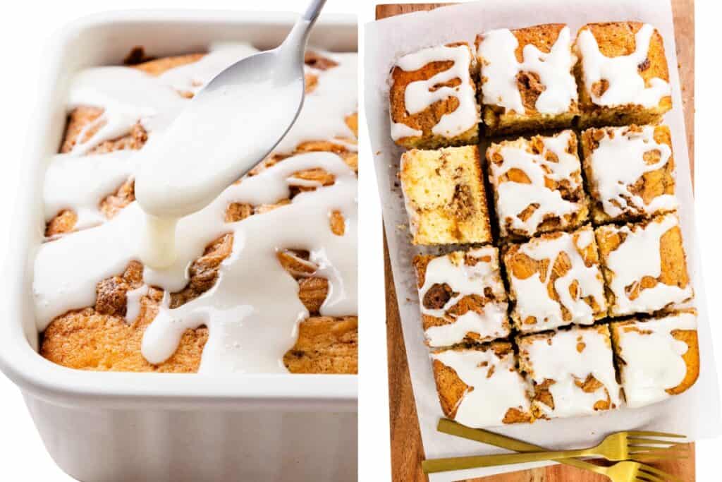A spoon drizzles white icing over a freshly baked Cinnamon Bun Cake in a white dish; next to it, the iced cake is cut into squares on parchment paper with three gold forks beside it.