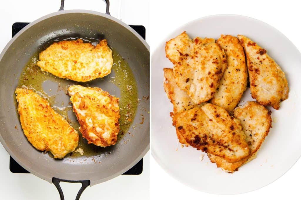 Left: Three golden-brown breaded cutlets frying in a skillet with oil. Right: Several cooked Chicken Marsala cutlets arranged on a white plate, ready to serve.