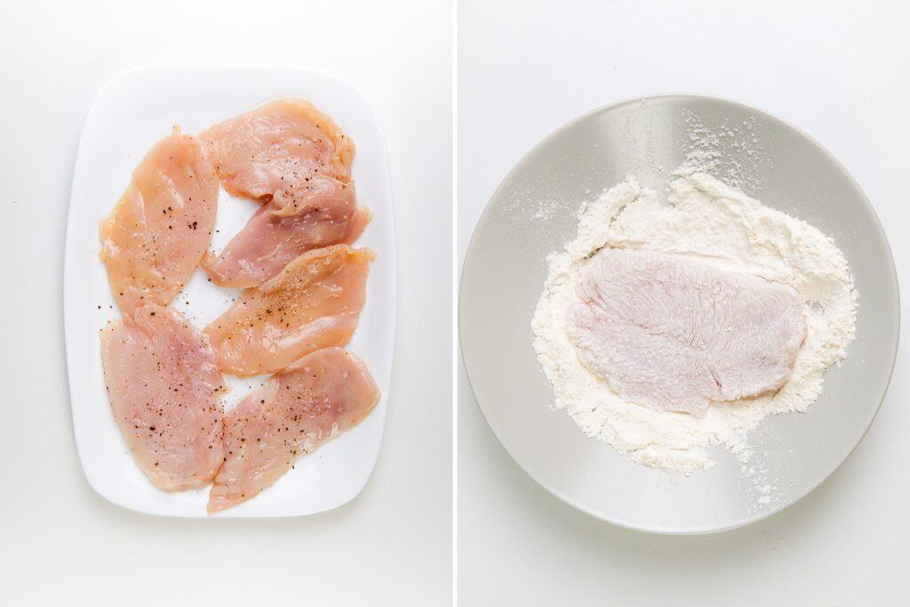Raw chicken cutlets seasoned with salt and pepper on a white plate on the left; on the right, a cutlet is being coated in flour—perfect prep for making Creamy Chicken Marsala. Both plates rest on a white background.