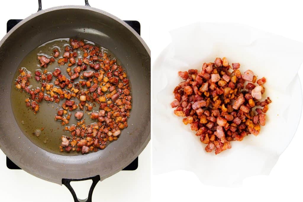 A frying pan with cooked Pancetta  bits sits on the left, while crispy Pancetta bits for Creamy Chicken Marsala are drained on a paper towel on the right, against a white background.
