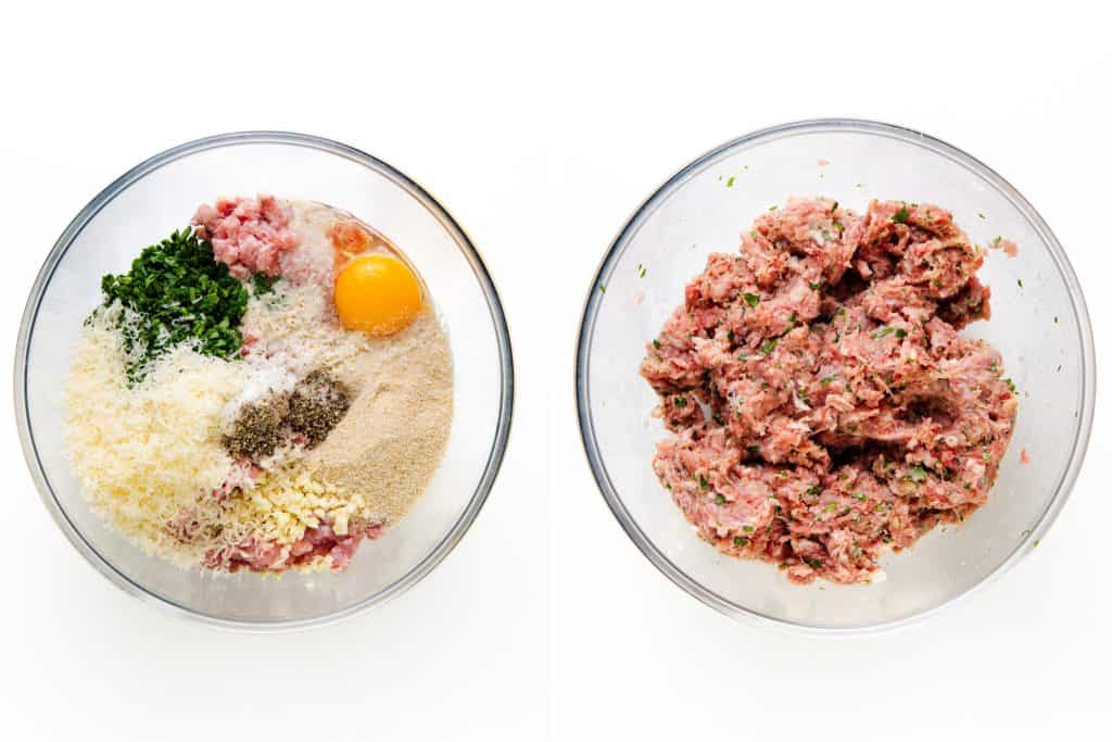 the left holds separated ingredients for Italian Wedding Soup meatballs—ground meat, an egg, parsley, breadcrumbs, grated cheese, minced garlic, and pepper; the right shows them thoroughly mixed together.