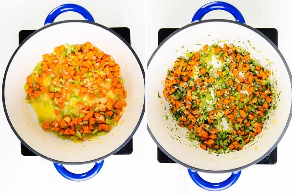 chopped carrots, celery, and onions are being sautéed. The left shows the veggies at the start; the right shows them softened with herbs.
