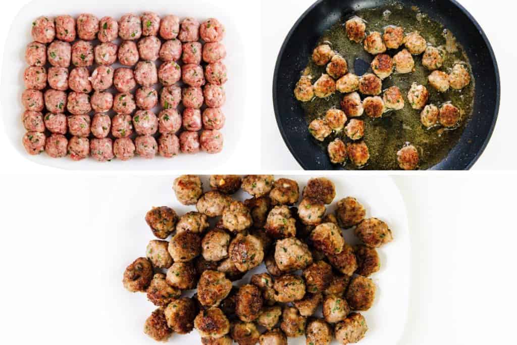 raw meatballs arranged on a tray, meatballs frying in a pan, and a plate of browned, cooked meatballs ready to add to the classic Italian soup.