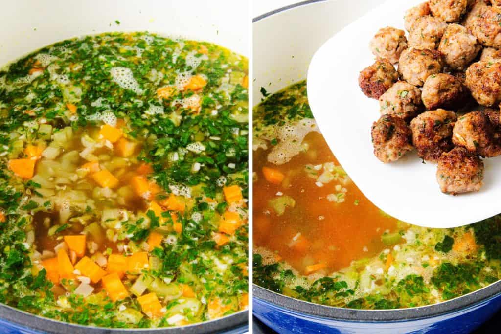 A pot of Italian Wedding Soup with chopped carrots, onions, and herbs on the left; on the right, cooked meatballs are being added to the flavorful wedding soup.