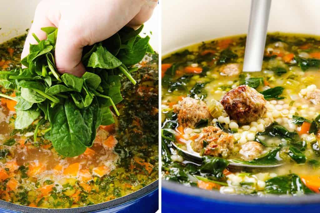 A close-up of Italian wedding soup with meatballs, spinach, small pasta, and vegetables in broth.