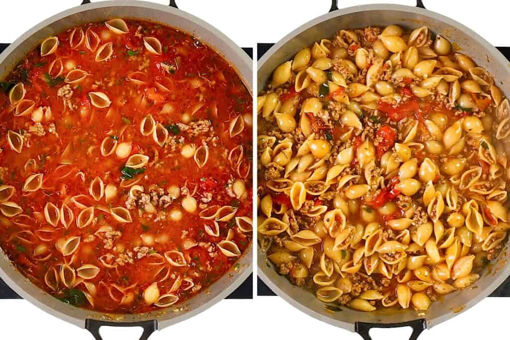 Two side-by-side images show a one pot pasta with ground meat and tomato sauce. On the left, uncooked pasta sits in a soupy mixture; on the right, the creamy ground beef pasta is cooked, with thickened sauce and tender noodles.