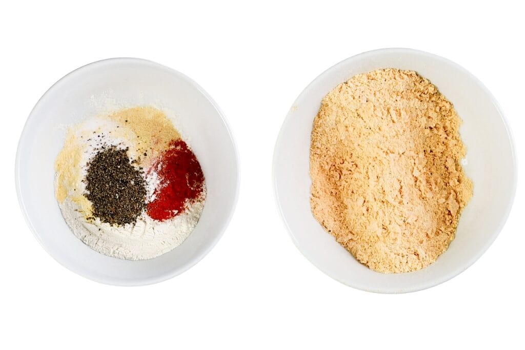 Two white bowls: the left holds separated piles of flour, black pepper, paprika, and garlic powder—key seasonings for a pickle brined fried chicken sandwich; the right bowl contains a uniformly mixed light orange powder. Both rest on a white background.