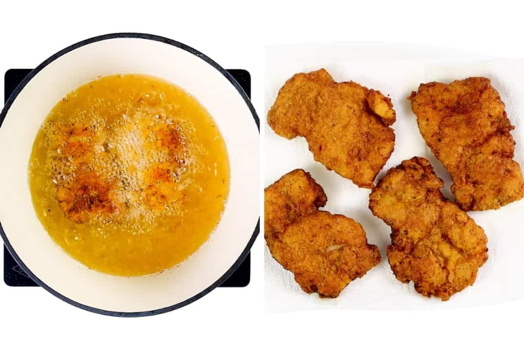Two images: on the left, chicken pieces—destined for a pickle brined fried chicken sandwich—are frying in bubbling oil; on the right, five golden-brown fried chicken pieces rest on a paper towel.