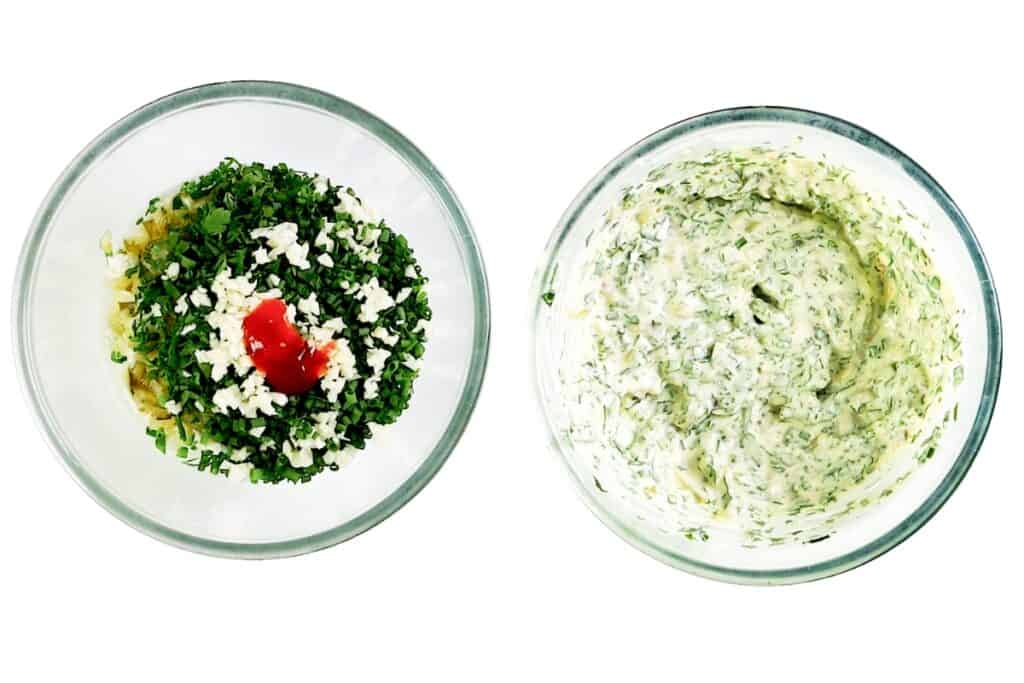 Two glass bowls on a white background: the left bowl contains chopped herbs, minced garlic, and a dollop of red sauce; the right bowl holds a creamy, mixed herb dip or sauce—perfect for pairing with a pickle brined fried chicken sandwich.