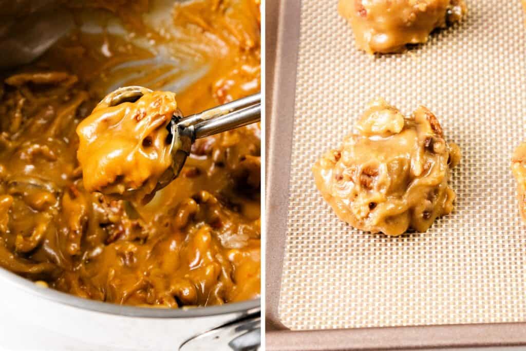 Close-up of gooey Pralines Candy with pecans in a saucepan and a scoop being lifted; beside it, dollops of Southern Pralines mixture set on a silicone-lined baking sheet, ready to cool.
