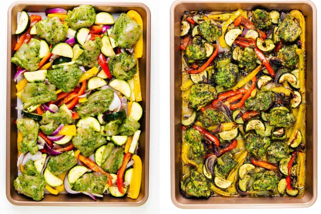 Side-by-side images of a sheet pan show vibrant vegetables and pesto chicken before (left) and after (right) roasting. Zucchini, bell peppers, and red onion surround the chicken, which emerges browned and caramelized for an easy sheet pan meal.