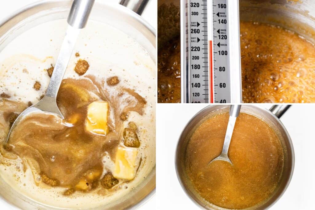 melting butter and sugar in a pot, a candy thermometer in bubbling caramel, and a smooth, blended mixture with a spatula—perfect for classic Southern Pralines or other Southern Candy delights.