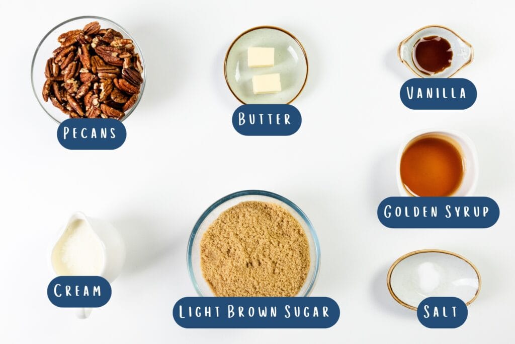 pecans, butter, vanilla, golden syrup, cream, light brown sugar, and salt—each with a blue label.