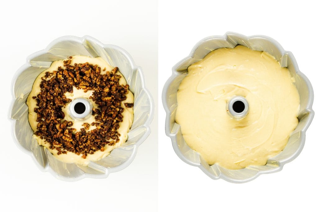 Two bundt pans with cake batter are shown from above. The left pan, perfect for a Sock it to me cake or cinnamon cake recipe, has a ring of chopped nuts on top, while the right pan features plain batter with no topping.