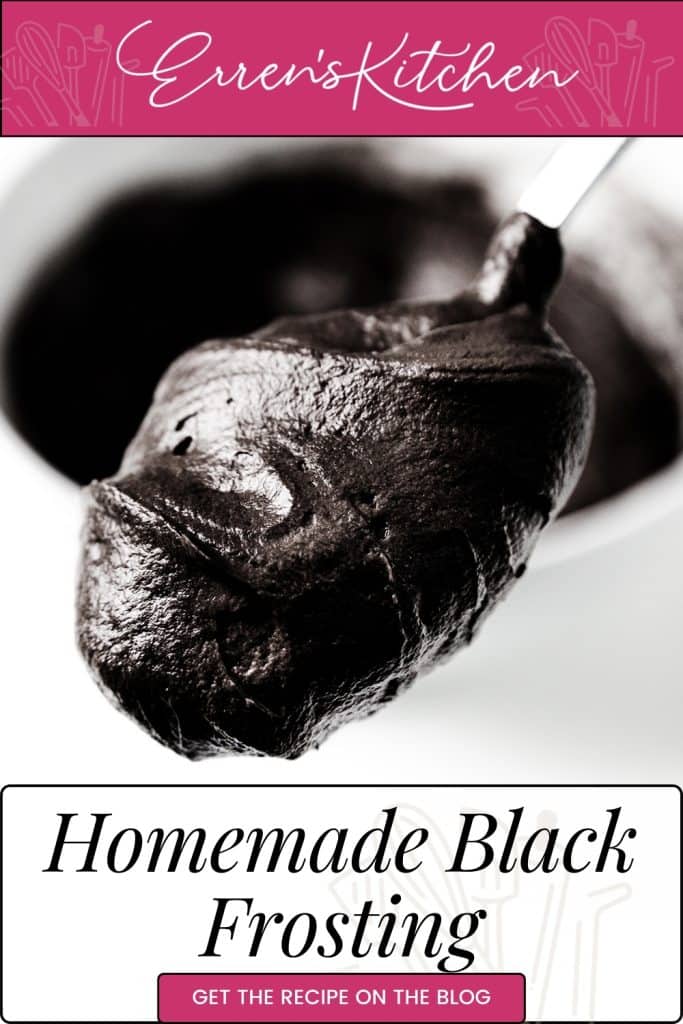 A close-up of a spoon holding thick, dark black frosting with a blurred bowl in the background. The text overlay reads "Homemade Black Frosting" and "Get the Black Frosting recipe on the blog" with "Erren's Kitchen" at the top.