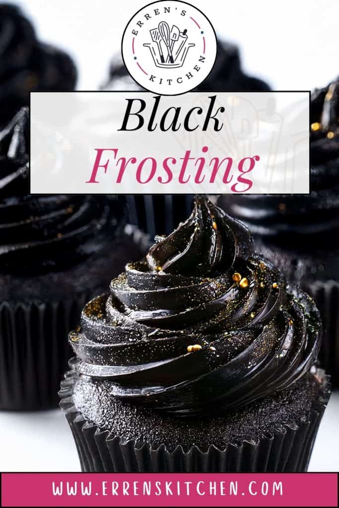 Close-up of a rich chocolate cupcake topped with glossy black frosting, adorned with gold sprinkles. Text on the image reads "Erren's Kitchen Black Frosting" and "www.errenskitchen.com".