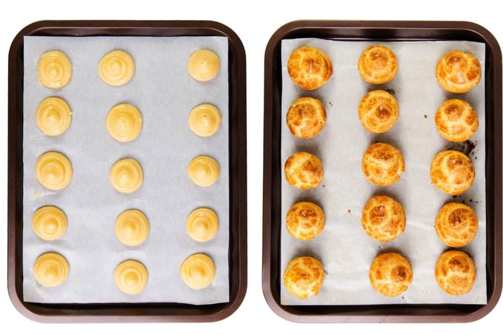 Two baking trays on parchment paper: the left tray has raw dough piped in rows, and the right tray has the same pastries baked to a golden brown, arranged in the same pattern.