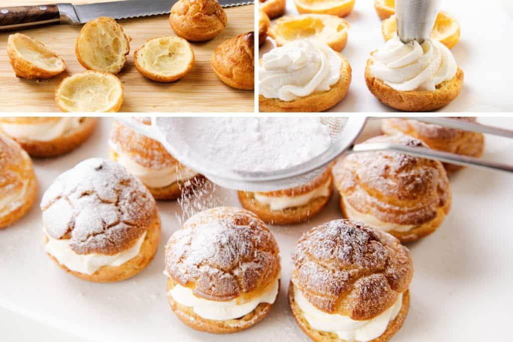 Three images show cream puffs being made: choux pastry shells are cut open, filled with whipped cream, then dusted with powdered sugar, and finally displayed on a white plate.