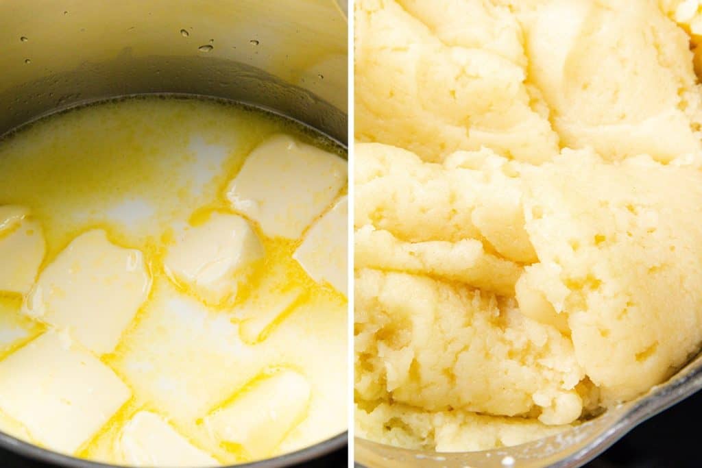 A split image showing butter melting in a pot on the left, and a thick, pale dough mixture in the same pot on the right, indicating the stages of making choux pastry.
