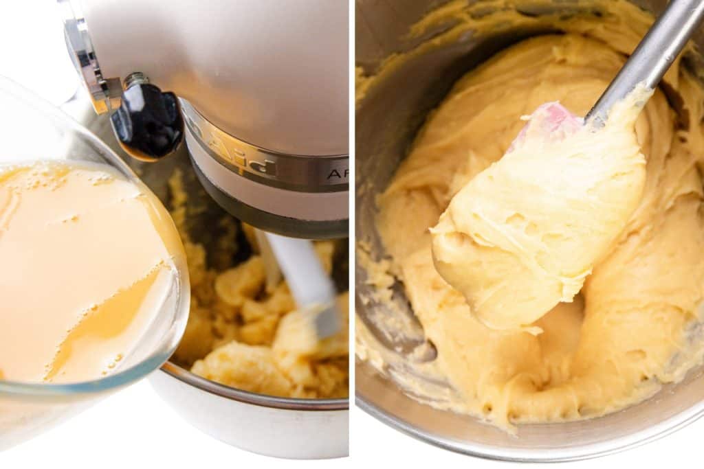 Thick, smooth batter is being scooped from a mixing bowl with a spatula.